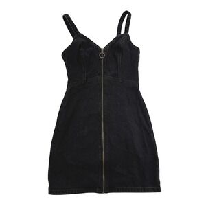 Topshop Black Denim Zip Front Mini Dress Ring Pull Sweetheart Neck US 2 NEW
